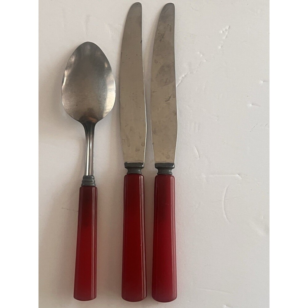 Vintage Red Catalin Bakelite Handled Flatware replacement Set 2 Knives 1 Spoon - Picture 5 of 9